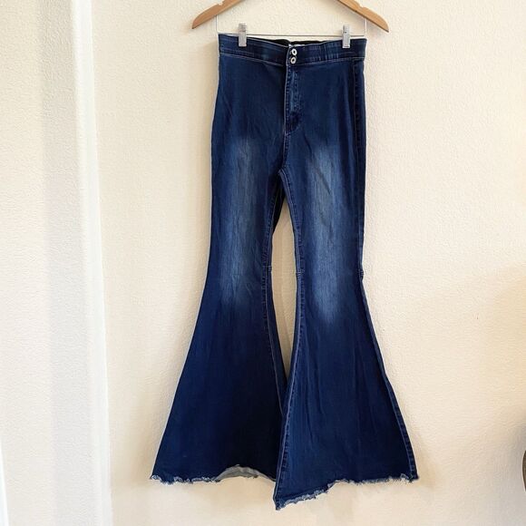 Umgee Women’s Flare Bell Bottom High Rise‎ Dark Blue Raw Hem  Women’s Jeans SZ 7 - Picture 7 of 12